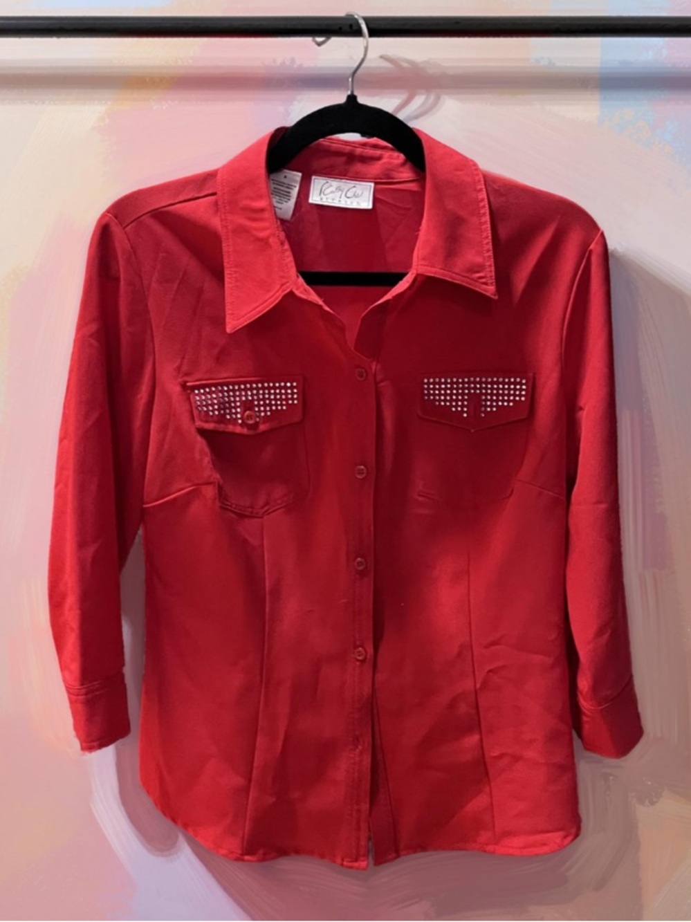 Red Stretch Button-Up Shirt by Kathy Che Medium GUC